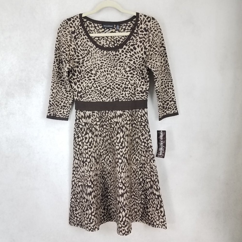 NEW Nina Leonard S Knit Sweater Dress in Animal Print Camel/Chocolate NWT $70